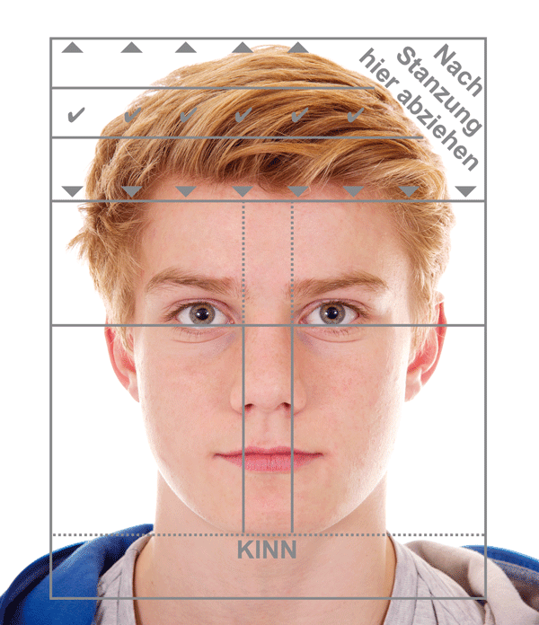 Junger Mann auf biometrischem Passbild mit Schablone